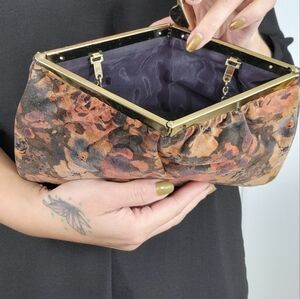 Vintage‎ Floral Fabric Unique Opening Bag/ Clutch Brown Orange Black Gold Strap